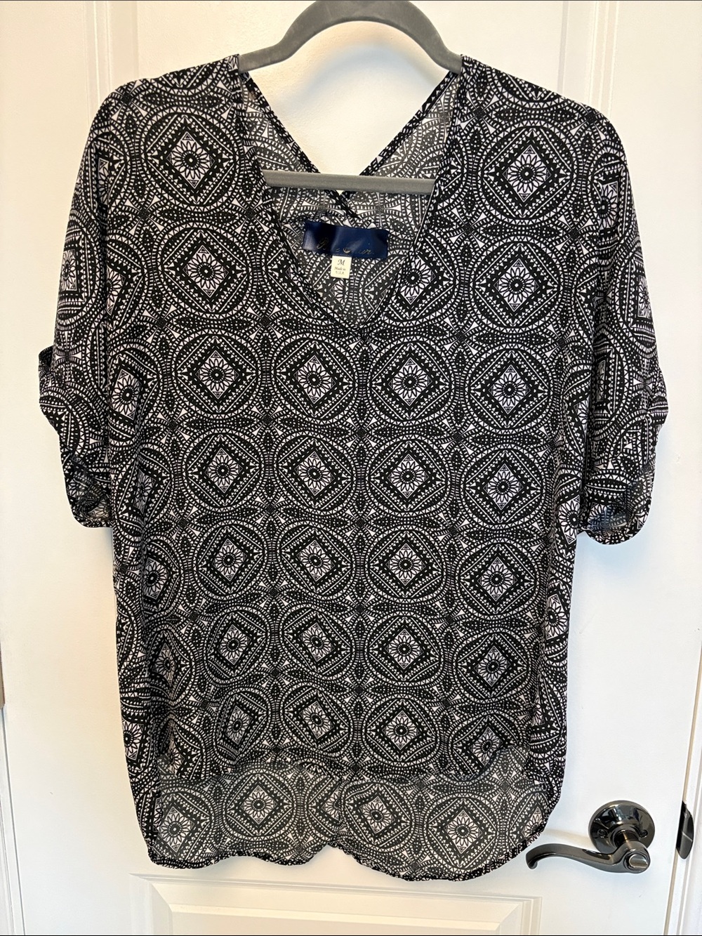 Blue Rain Black & White Geometric V-Neck Blouse